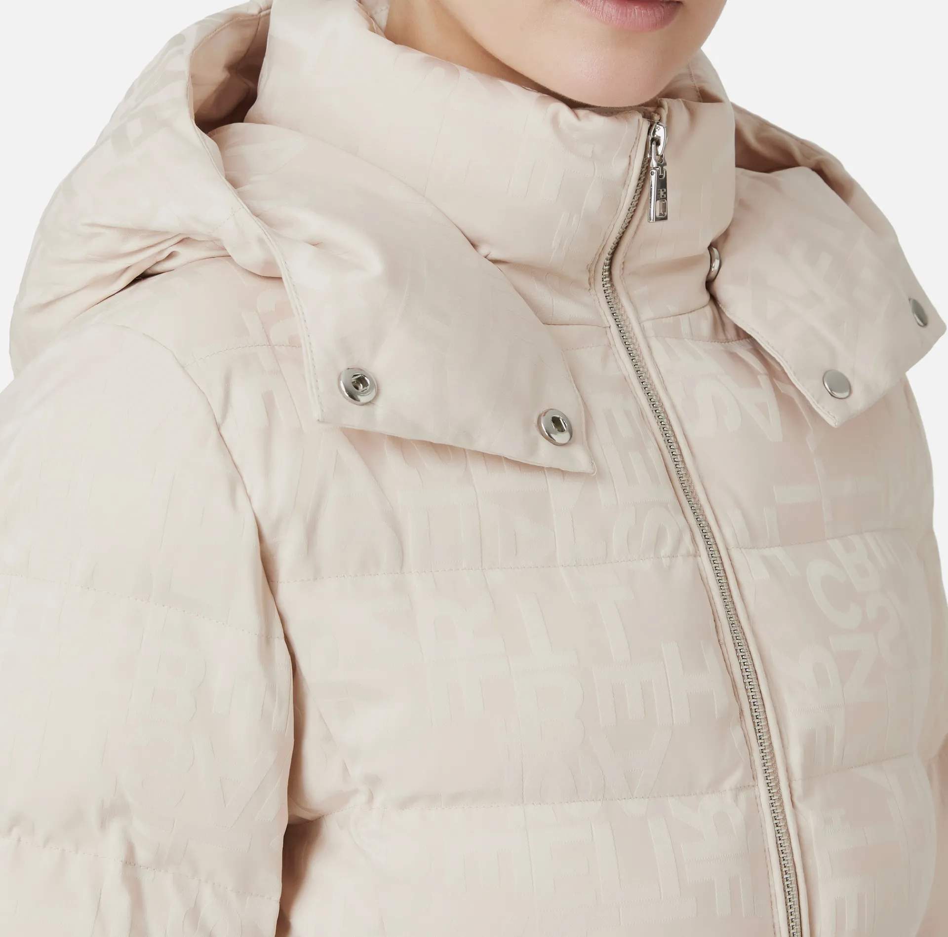 Elisabetta Franchi Coats And Jackets|Long down jacket in nylon jacquard with lettering Latex