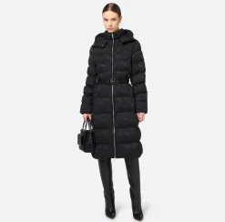 Elisabetta Franchi Coats And Jackets|Long down jacket in nylon jacquard with lettering Black