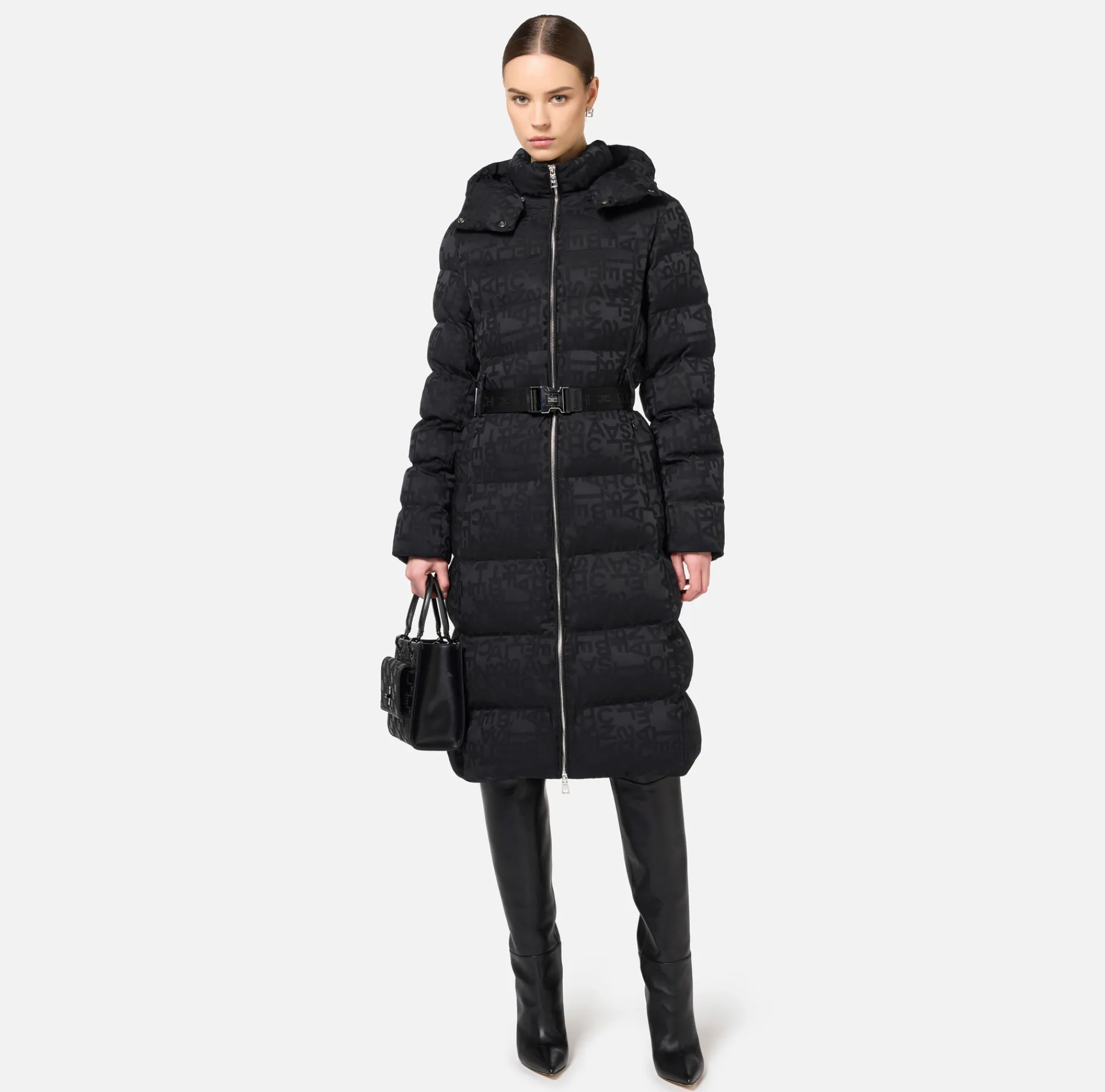 Elisabetta Franchi Coats And Jackets|Long down jacket in nylon jacquard with lettering Black
