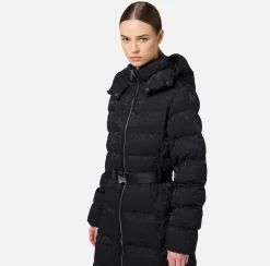 Elisabetta Franchi Coats And Jackets|Long down jacket in nylon jacquard with lettering Black