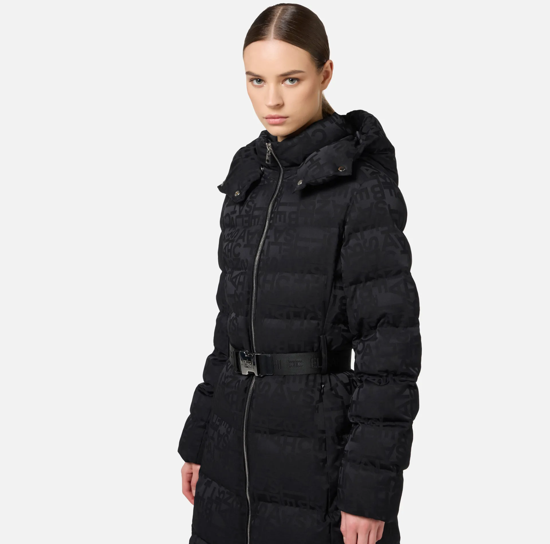 Elisabetta Franchi Coats And Jackets|Long down jacket in nylon jacquard with lettering Black