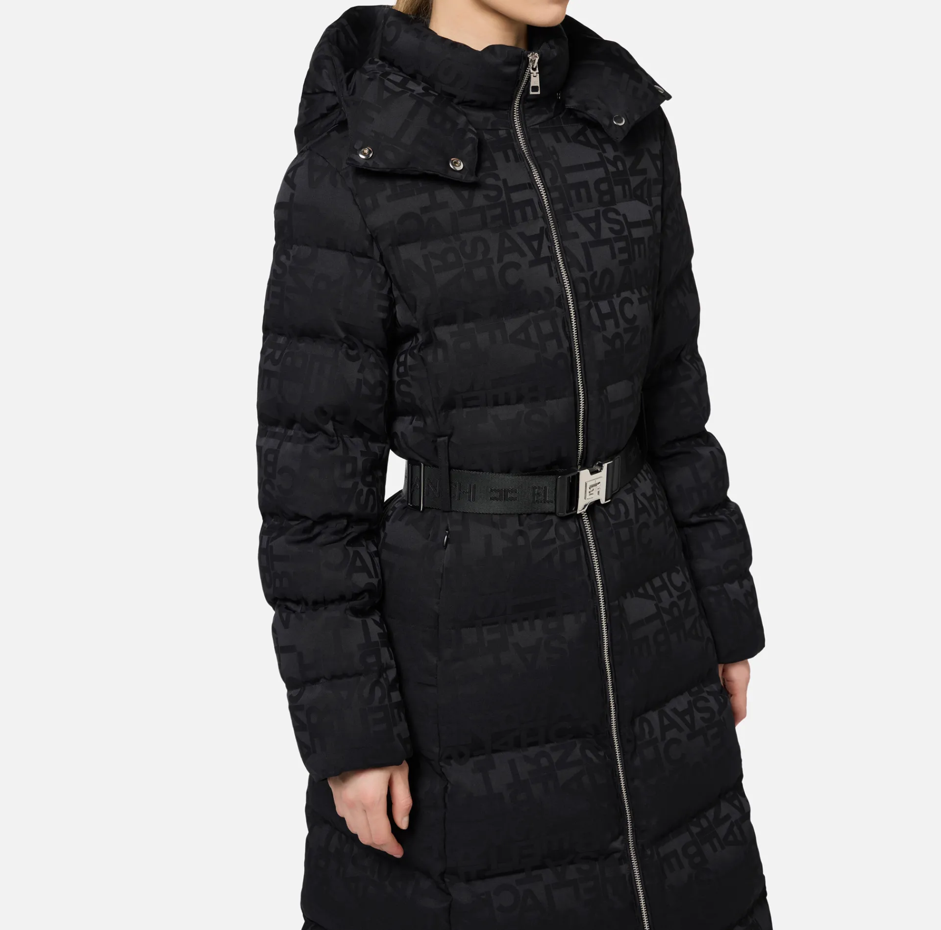 Elisabetta Franchi Coats And Jackets|Long down jacket in nylon jacquard with lettering Black