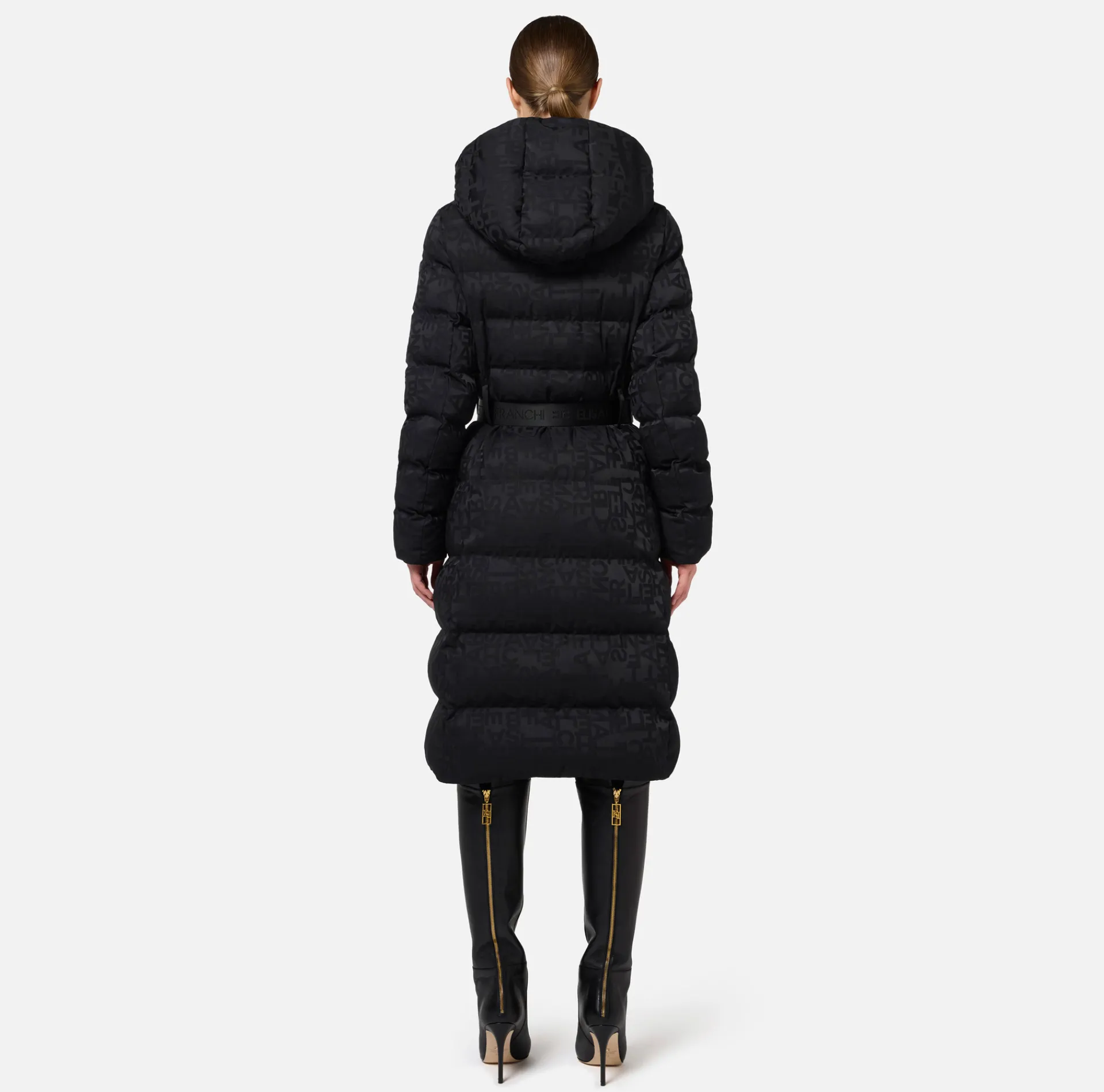Elisabetta Franchi Coats And Jackets|Long down jacket in nylon jacquard with lettering Black