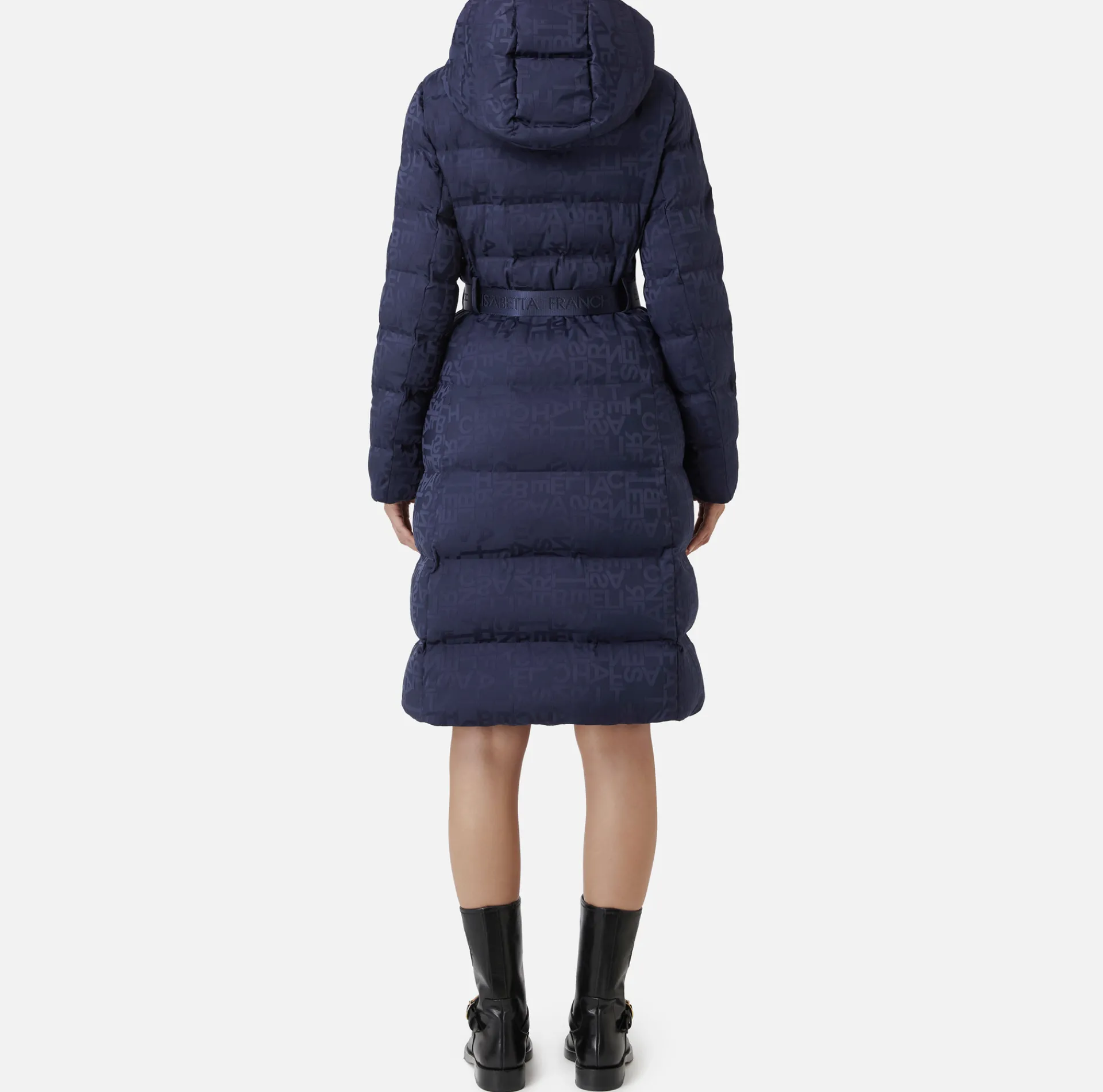 Elisabetta Franchi Coats And Jackets|Long down jacket in nylon jacquard with lettering Navy