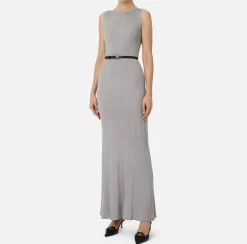 Elisabetta Franchi Knitted Dresses|Dresses|Long dress in pleated rib viscose fabric Silver