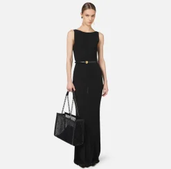 Elisabetta Franchi Knitted Dresses|Dresses|Long dress in pleated rib viscose fabric Black