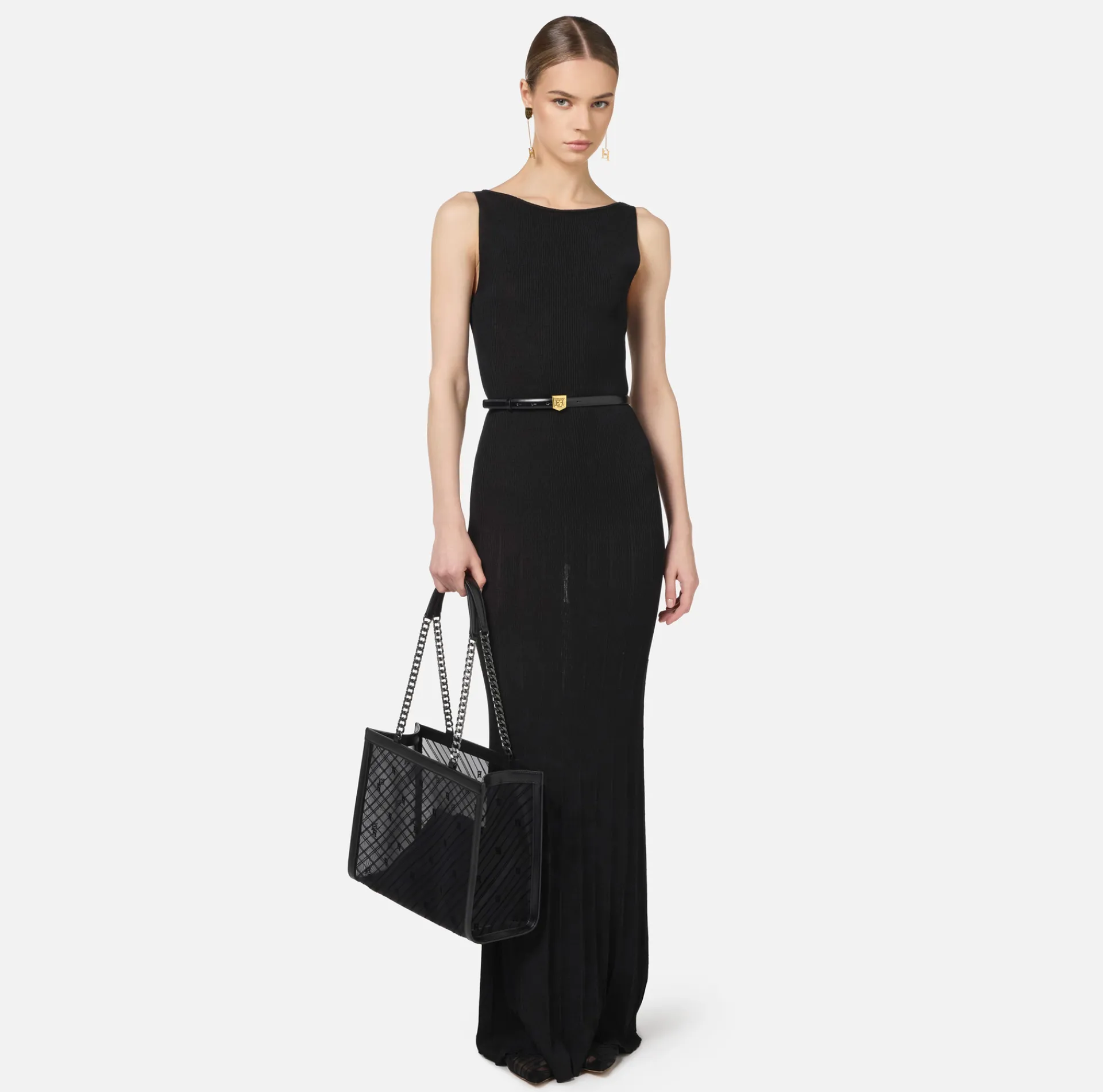 Elisabetta Franchi Knitted Dresses|Dresses|Long dress in pleated rib viscose fabric Black