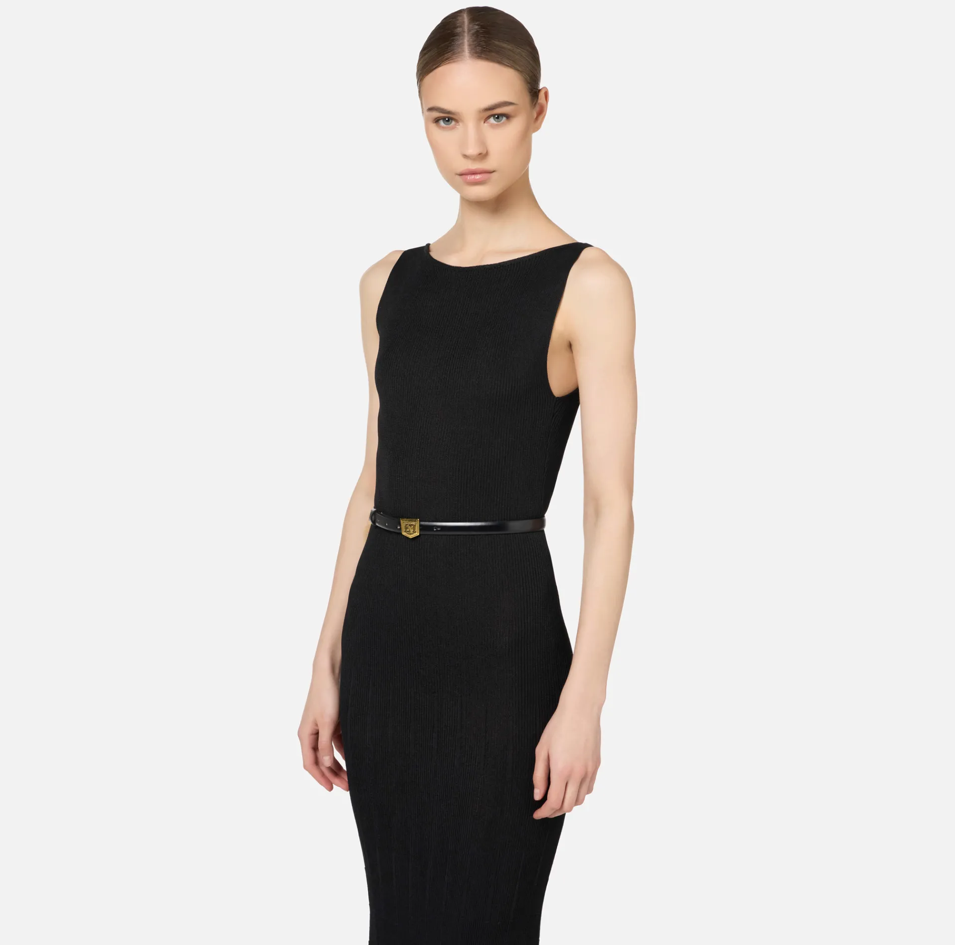 Elisabetta Franchi Knitted Dresses|Dresses|Long dress in pleated rib viscose fabric Black