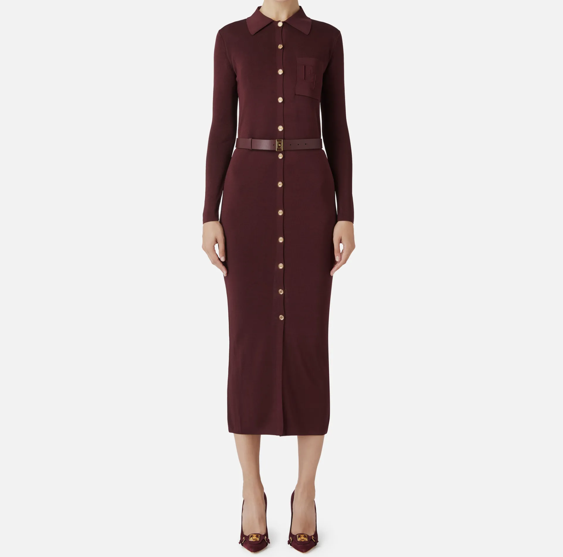 Elisabetta Franchi Knitted Dresses|Dresses|Long dress in shiny viscose fabric with logo embroidery and belt RougeNoir