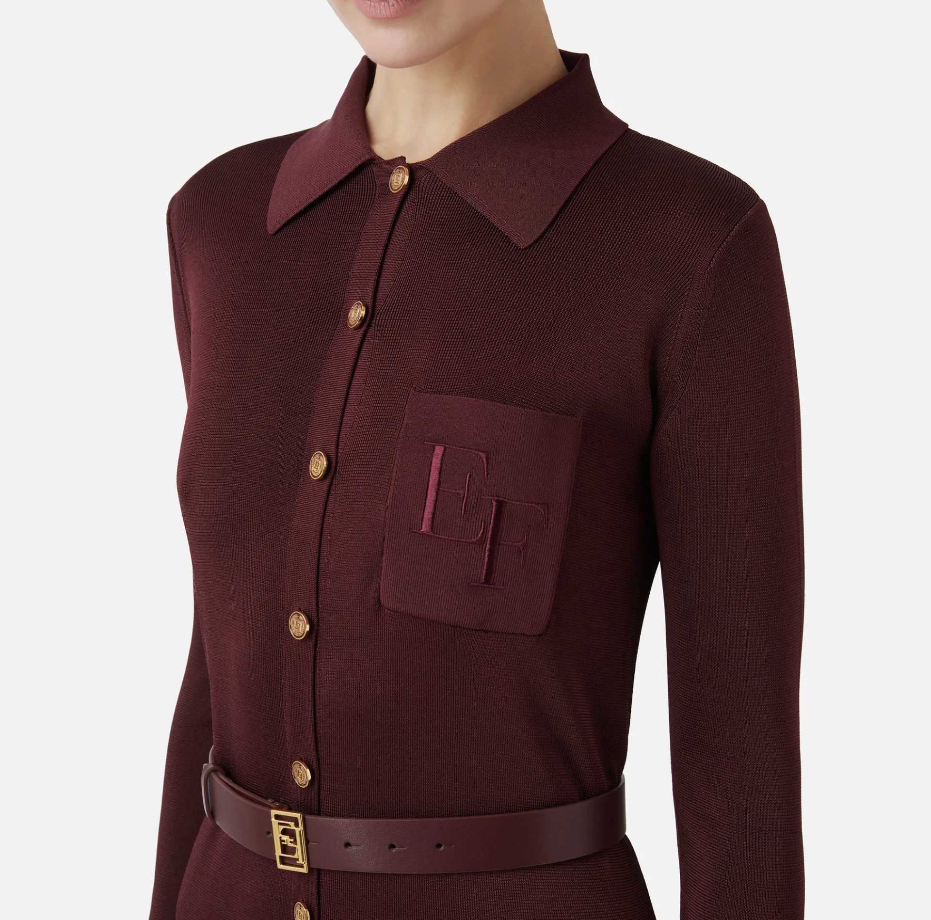 Elisabetta Franchi Knitted Dresses|Dresses|Long dress in shiny viscose fabric with logo embroidery and belt RougeNoir