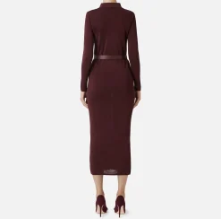 Elisabetta Franchi Knitted Dresses|Dresses|Long dress in shiny viscose fabric with logo embroidery and belt RougeNoir