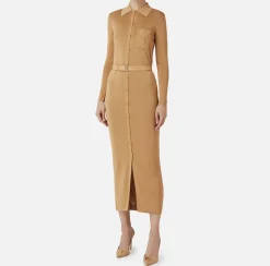 Elisabetta Franchi Knitted Dresses|Dresses|Long dress in shiny viscose fabric with logo embroidery and belt Bronze