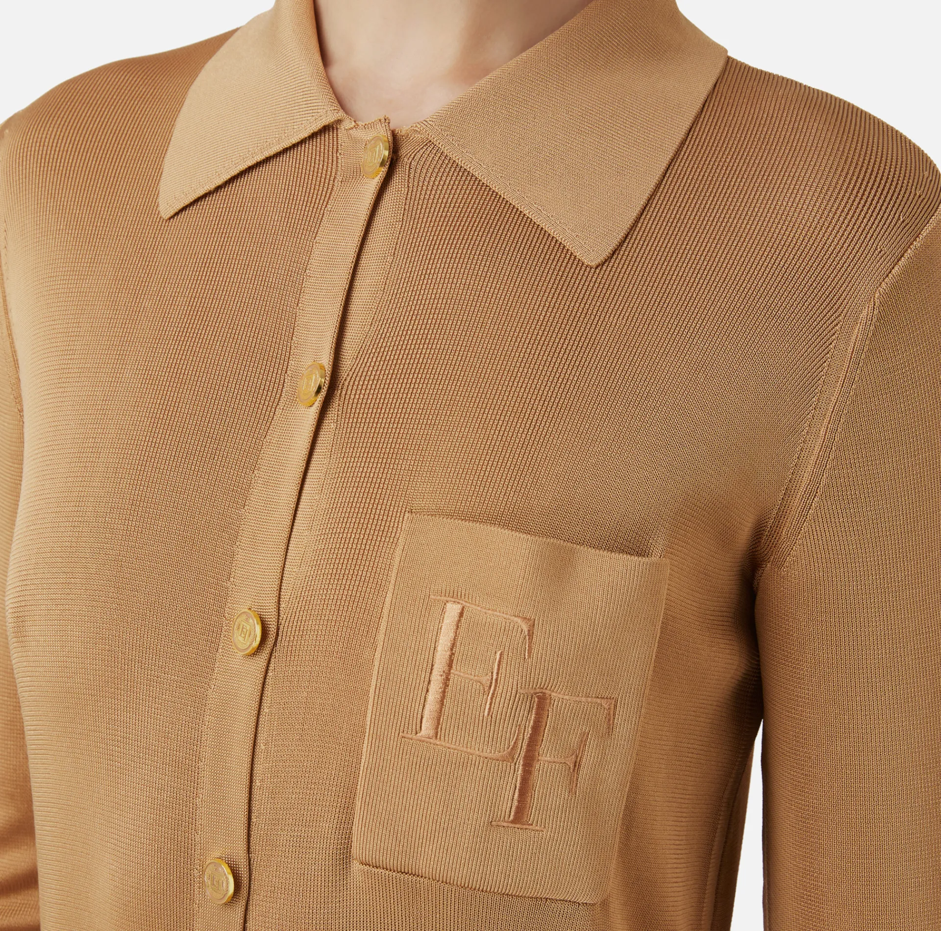 Elisabetta Franchi Knitted Dresses|Dresses|Long dress in shiny viscose fabric with logo embroidery and belt Bronze