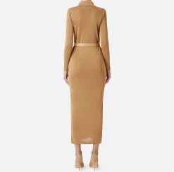 Elisabetta Franchi Knitted Dresses|Dresses|Long dress in shiny viscose fabric with logo embroidery and belt Bronze