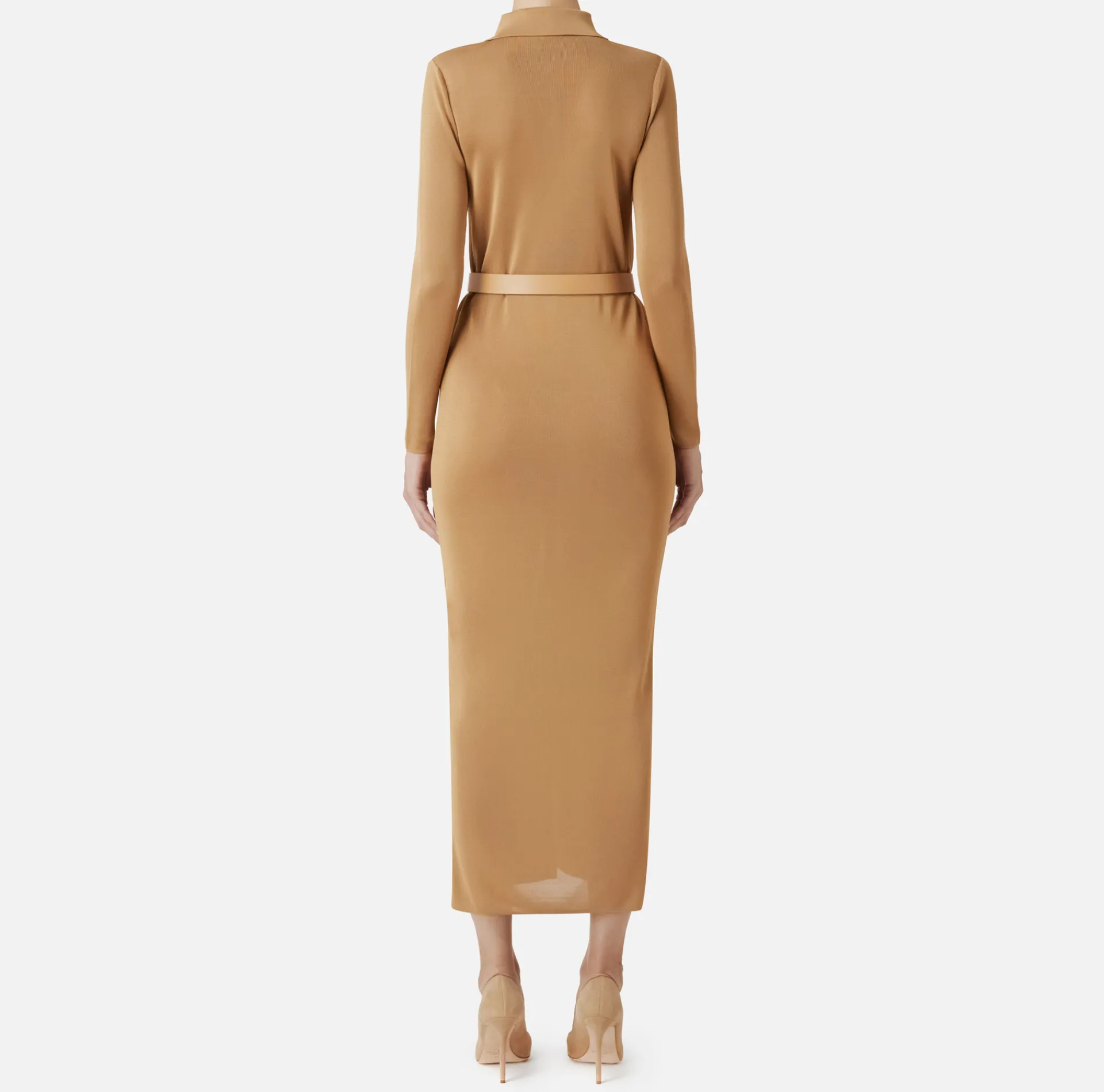 Elisabetta Franchi Knitted Dresses|Dresses|Long dress in shiny viscose fabric with logo embroidery and belt Bronze