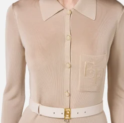 Elisabetta Franchi Knitted Dresses|Dresses|Long dress in shiny viscose fabric with logo embroidery and belt Latex