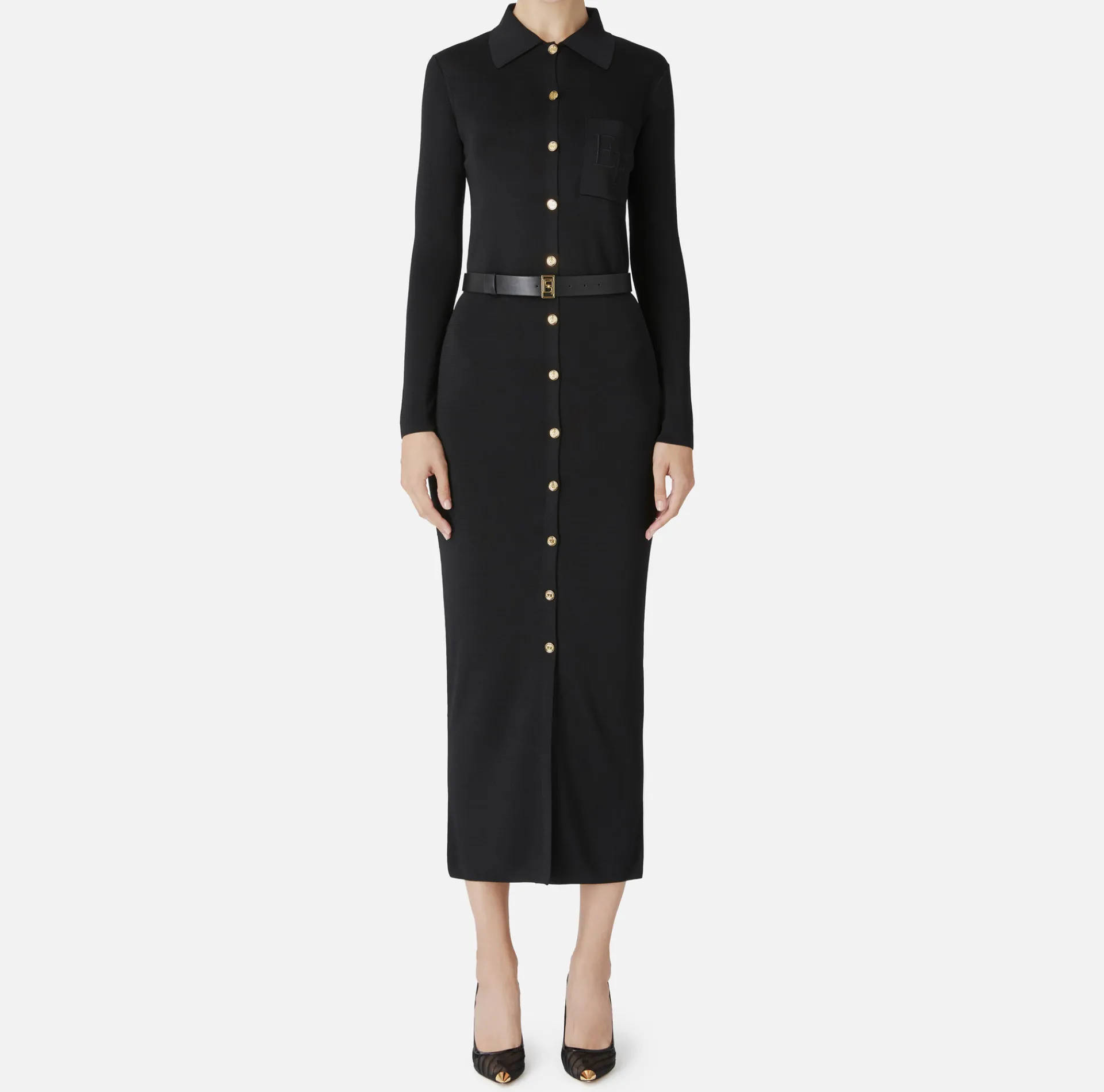 Elisabetta Franchi Knitted Dresses|Dresses|Long dress in shiny viscose fabric with logo embroidery and belt Black