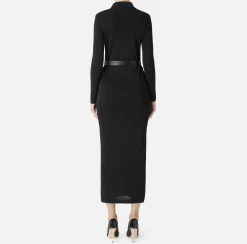 Elisabetta Franchi Knitted Dresses|Dresses|Long dress in shiny viscose fabric with logo embroidery and belt Black