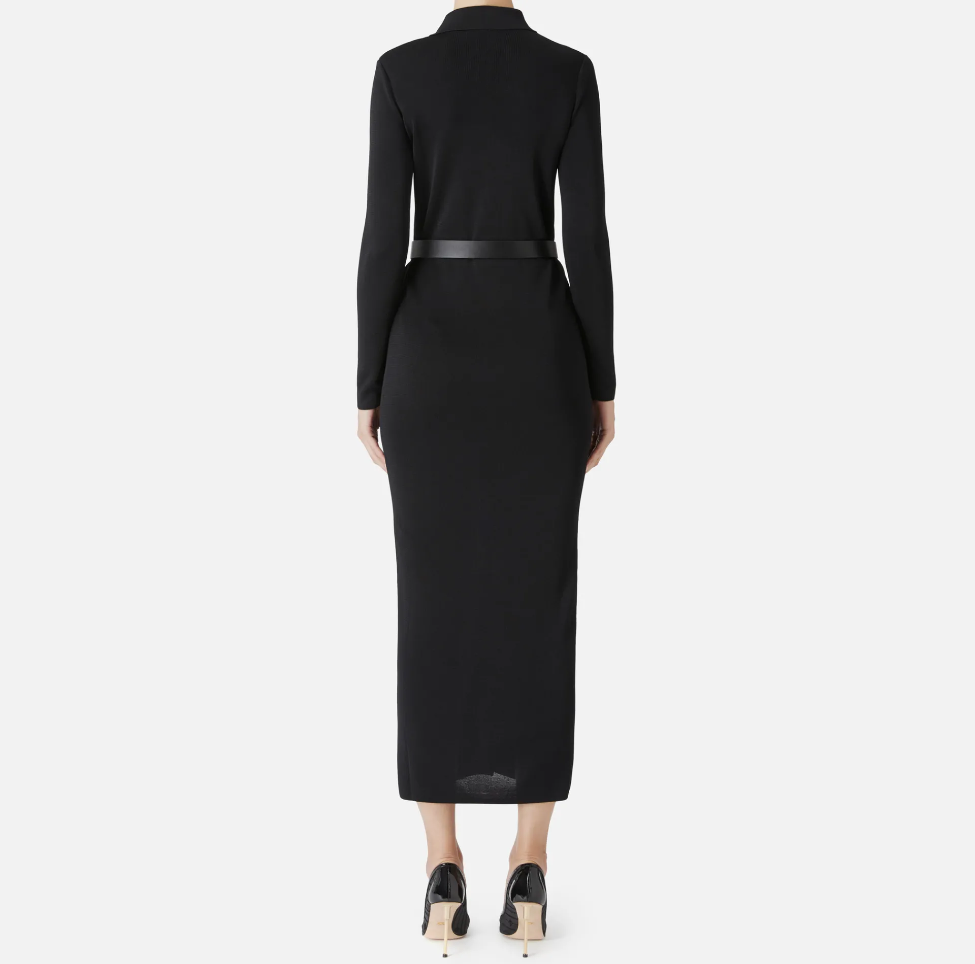 Elisabetta Franchi Knitted Dresses|Dresses|Long dress in shiny viscose fabric with logo embroidery and belt Black