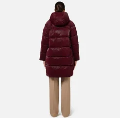 Elisabetta Franchi Coats And Jackets|Long satin nylon down jacket with hood RougeNoir