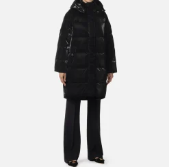 Elisabetta Franchi Coats And Jackets|Long satin nylon down jacket with hood Black
