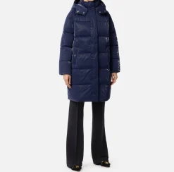 Elisabetta Franchi Coats And Jackets|Long satin nylon down jacket with hood Navy