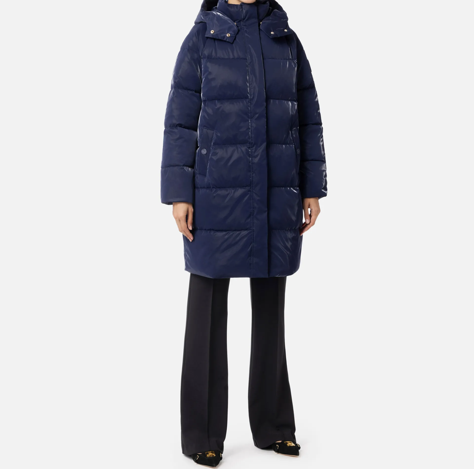 Elisabetta Franchi Coats And Jackets|Long satin nylon down jacket with hood Navy