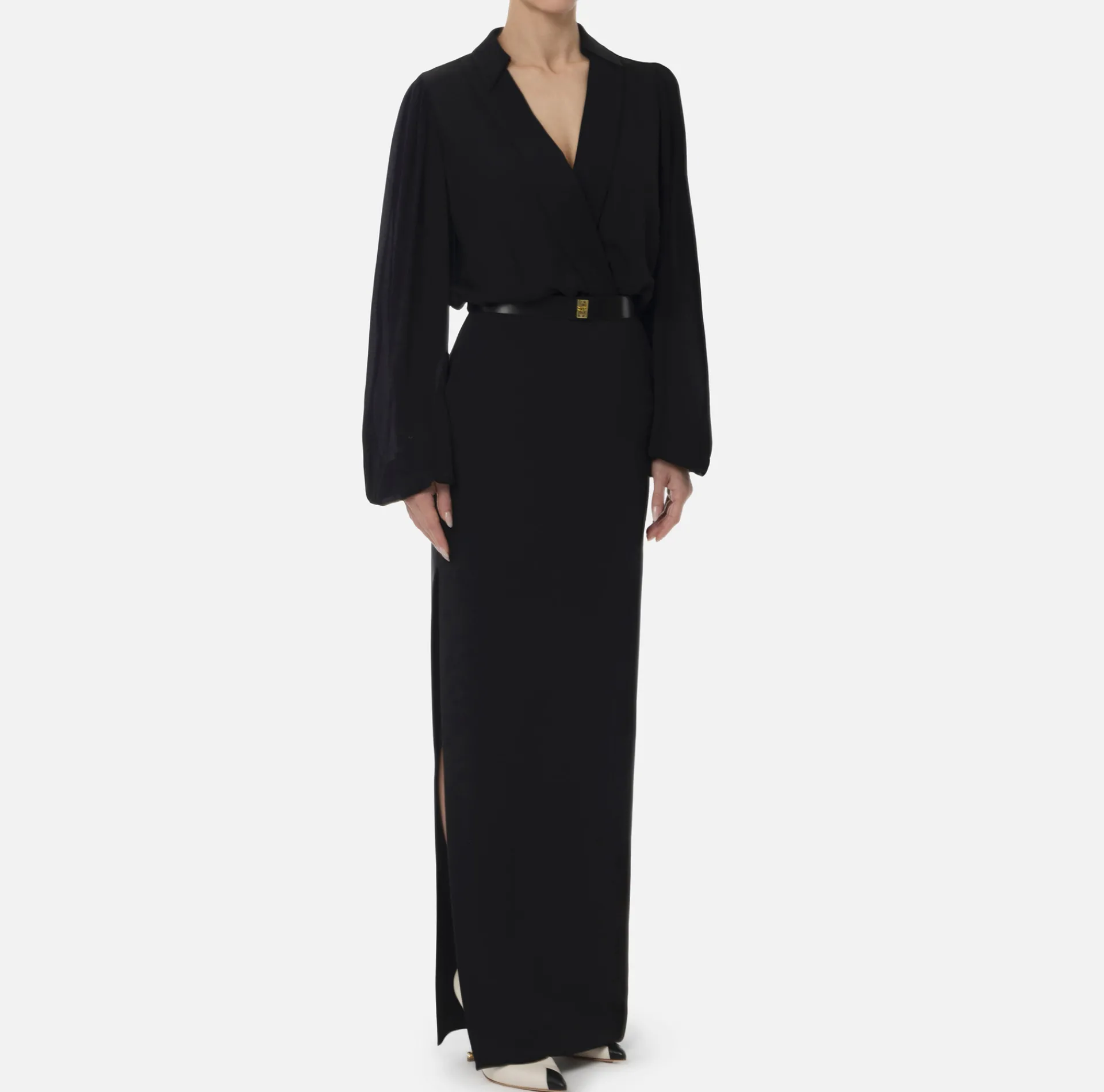 Elisabetta Franchi Red Carpet Dresses|Red Carpet|Long shirt dress in crepe with belt Black