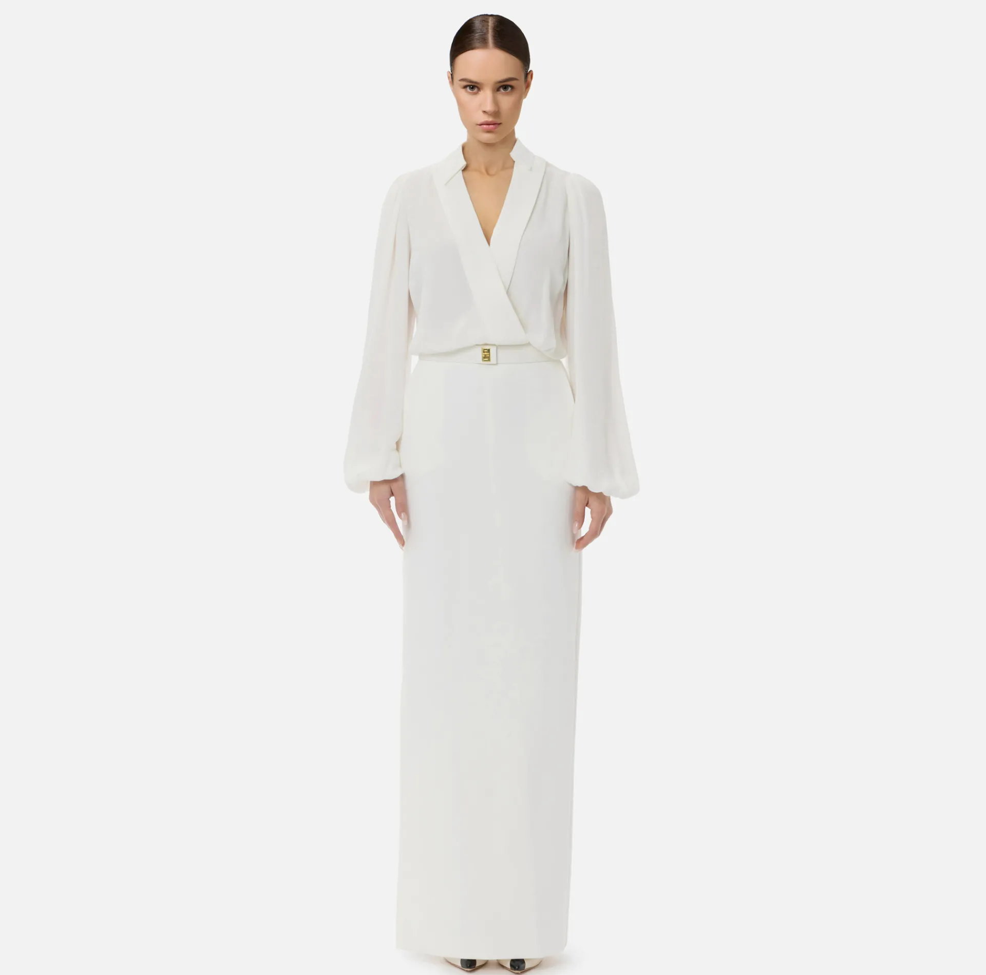 Elisabetta Franchi Red Carpet Dresses|Red Carpet|Long shirt dress in crepe with belt Ivory