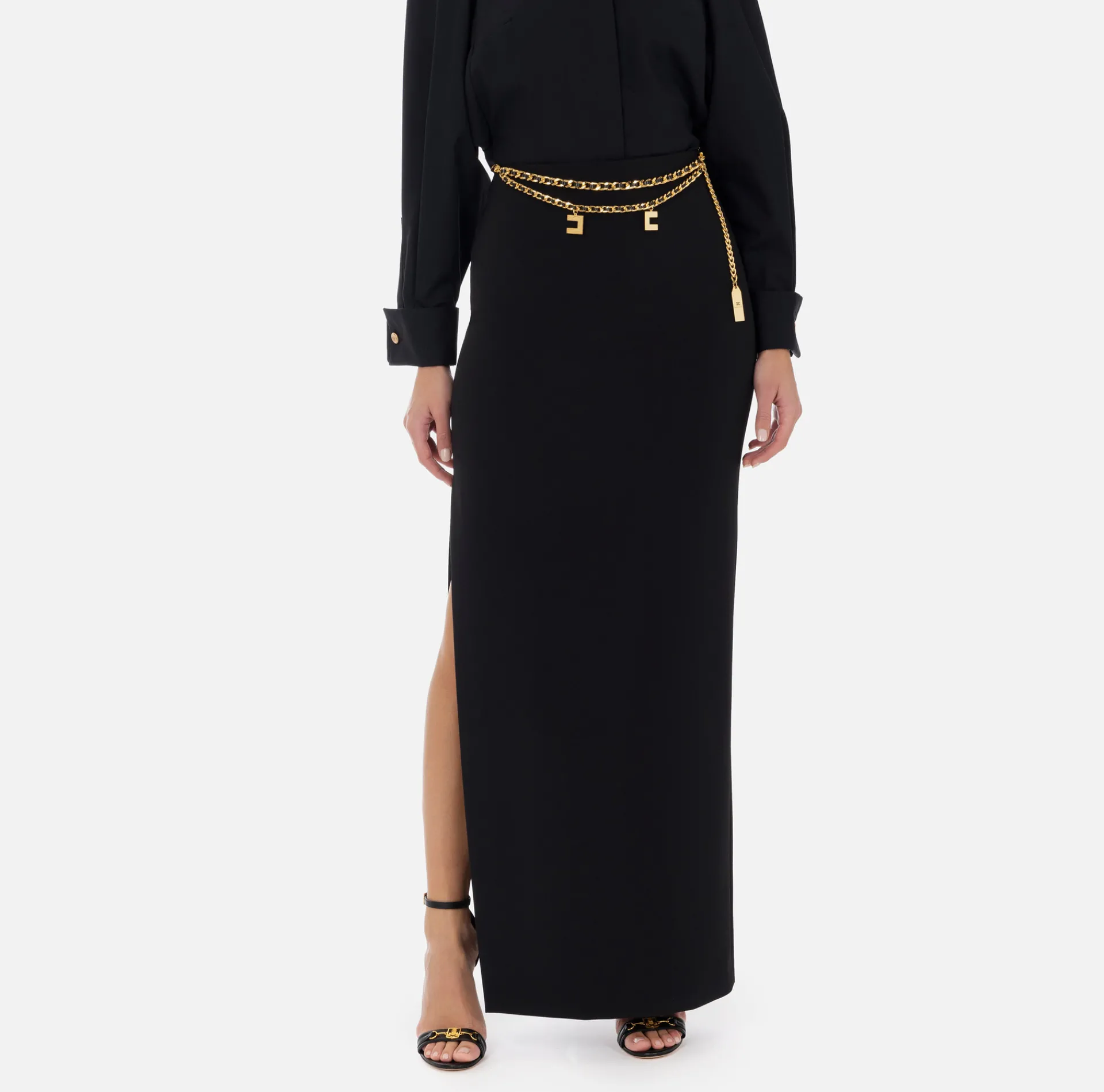 Elisabetta Franchi Skirts|Long skirt in lightweight crêpe fabric with chain Black