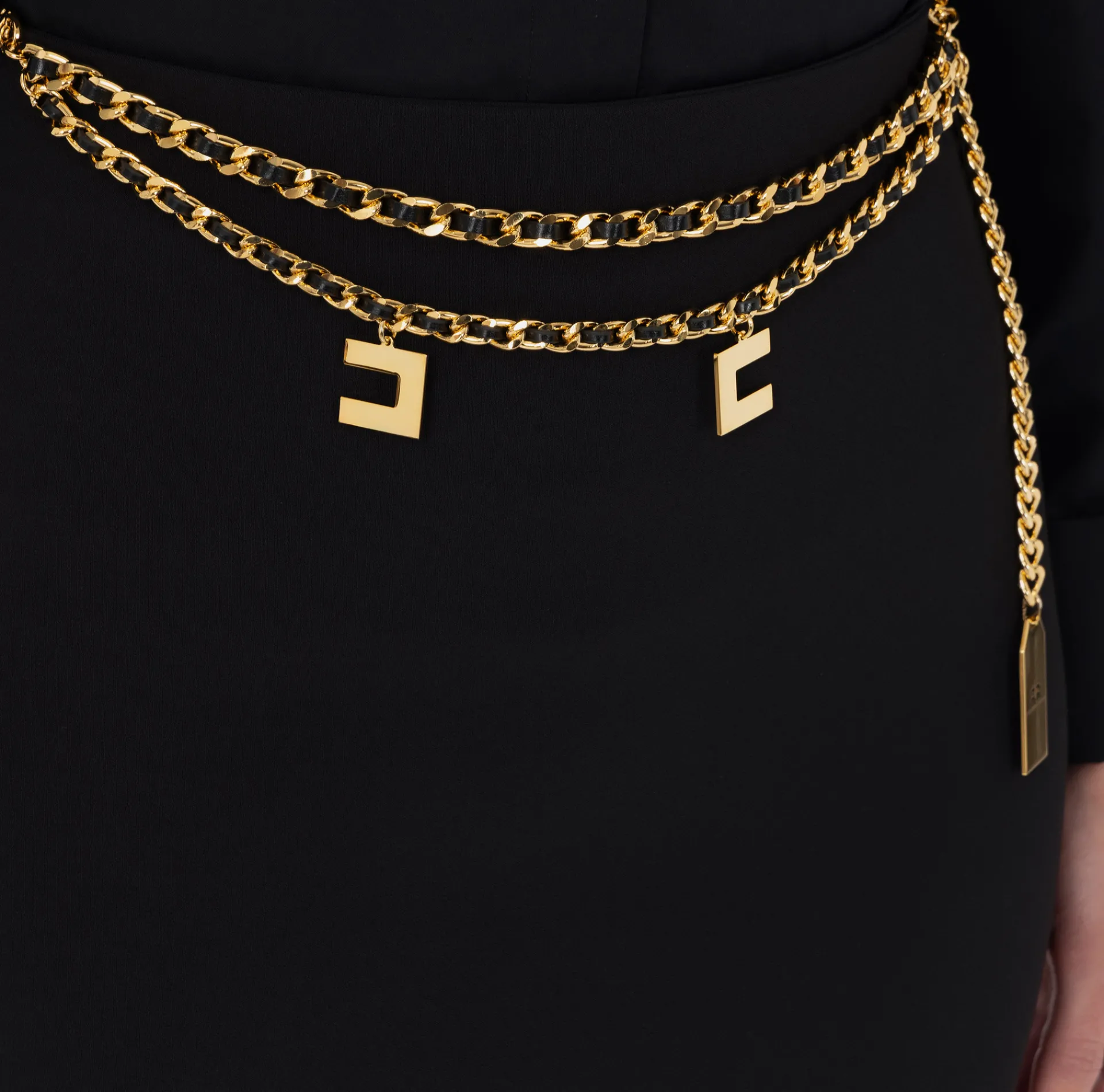 Elisabetta Franchi Skirts|Long skirt in lightweight crêpe fabric with chain Black
