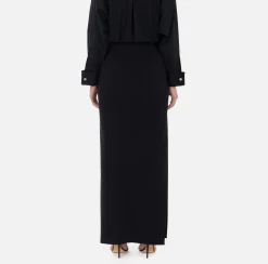 Elisabetta Franchi Skirts|Long skirt in lightweight crêpe fabric with chain Black