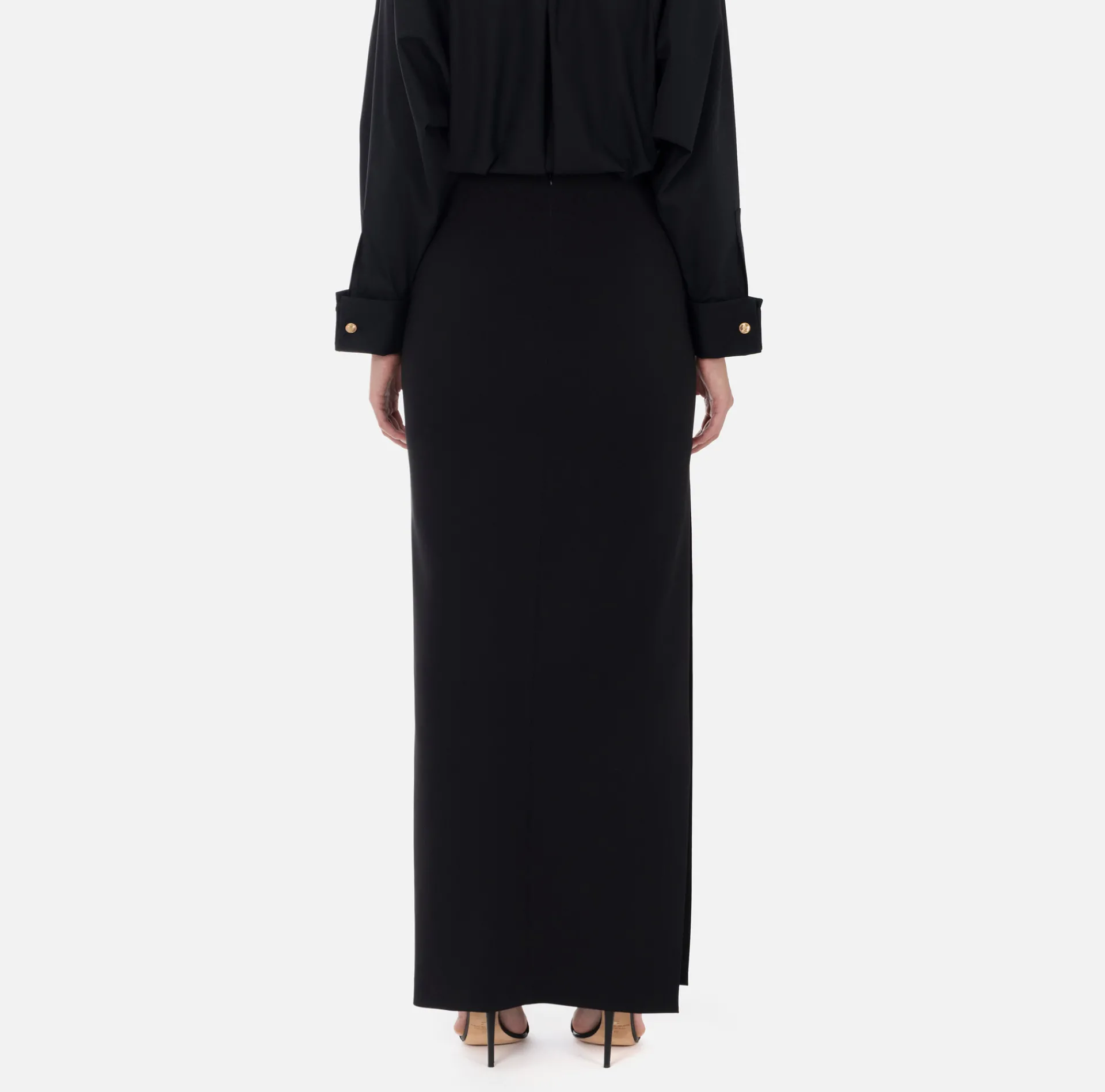 Elisabetta Franchi Skirts|Long skirt in lightweight crêpe fabric with chain Black