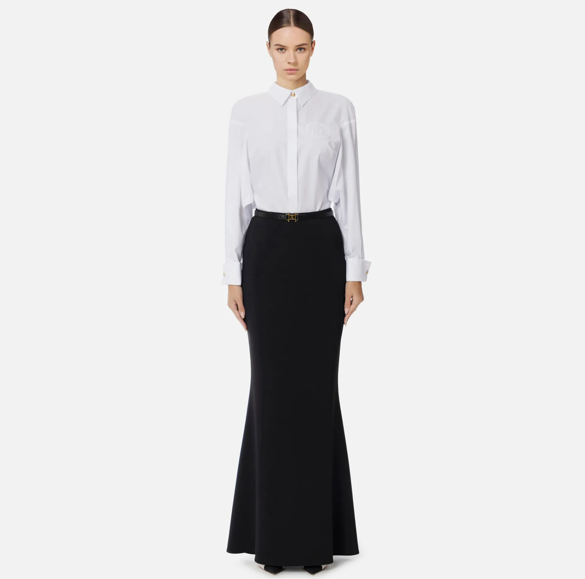 Elisabetta Franchi Skirts|Long skirt in lightweight crêpe fabric with belt Black