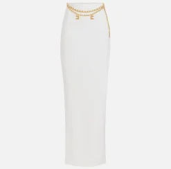 Elisabetta Franchi Skirts|Long skirt in lightweight crêpe fabric with chain Ivory