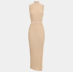 Elisabetta Franchi Knitted Dresses|Dresses|Lurex and viscose narrow-ribbed midi dress Tan