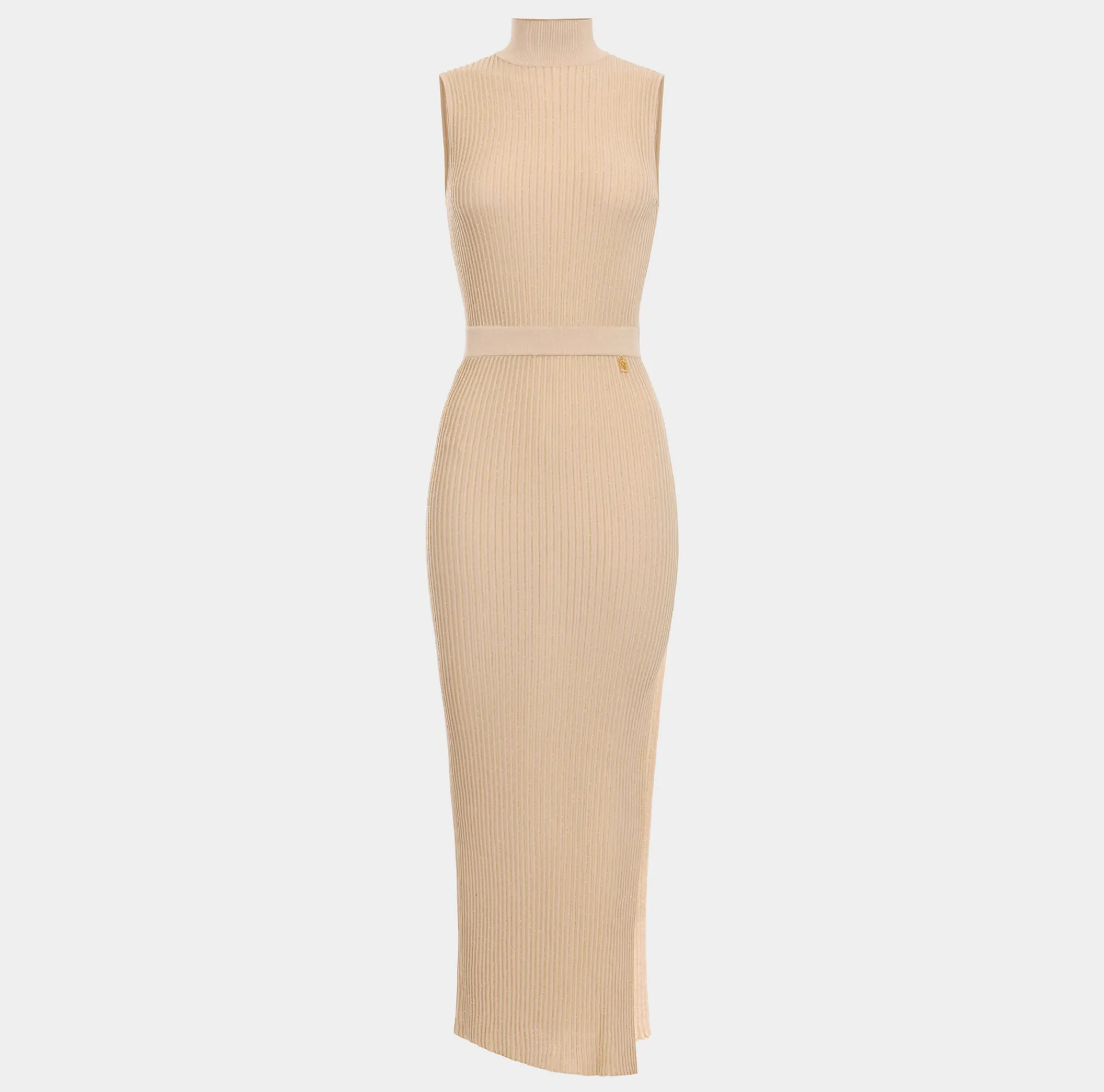 Elisabetta Franchi Knitted Dresses|Dresses|Lurex and viscose narrow-ribbed midi dress Tan