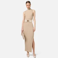 Elisabetta Franchi Knitted Dresses|Dresses|Lurex and viscose narrow-ribbed midi dress Tan