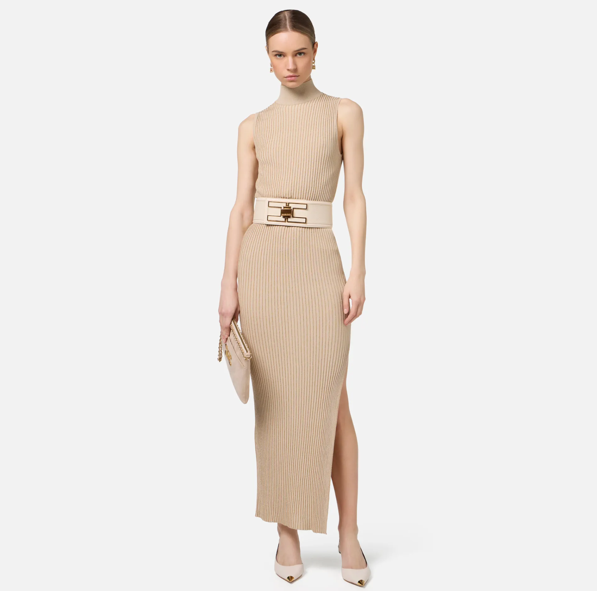 Elisabetta Franchi Knitted Dresses|Dresses|Lurex and viscose narrow-ribbed midi dress Tan