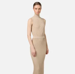 Elisabetta Franchi Knitted Dresses|Dresses|Lurex and viscose narrow-ribbed midi dress Tan
