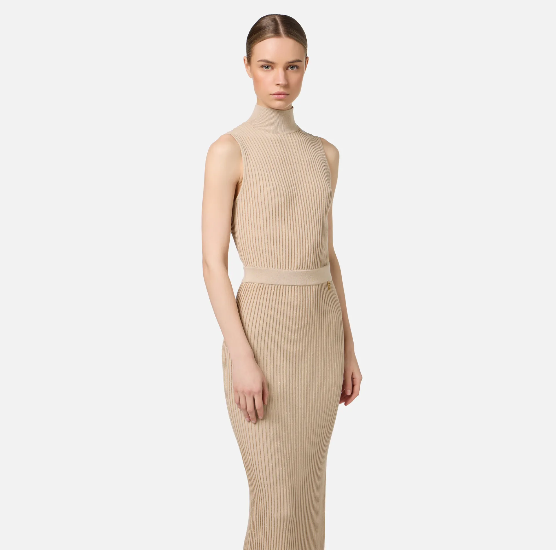 Elisabetta Franchi Knitted Dresses|Dresses|Lurex and viscose narrow-ribbed midi dress Tan