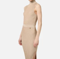 Elisabetta Franchi Knitted Dresses|Dresses|Lurex and viscose narrow-ribbed midi dress Tan