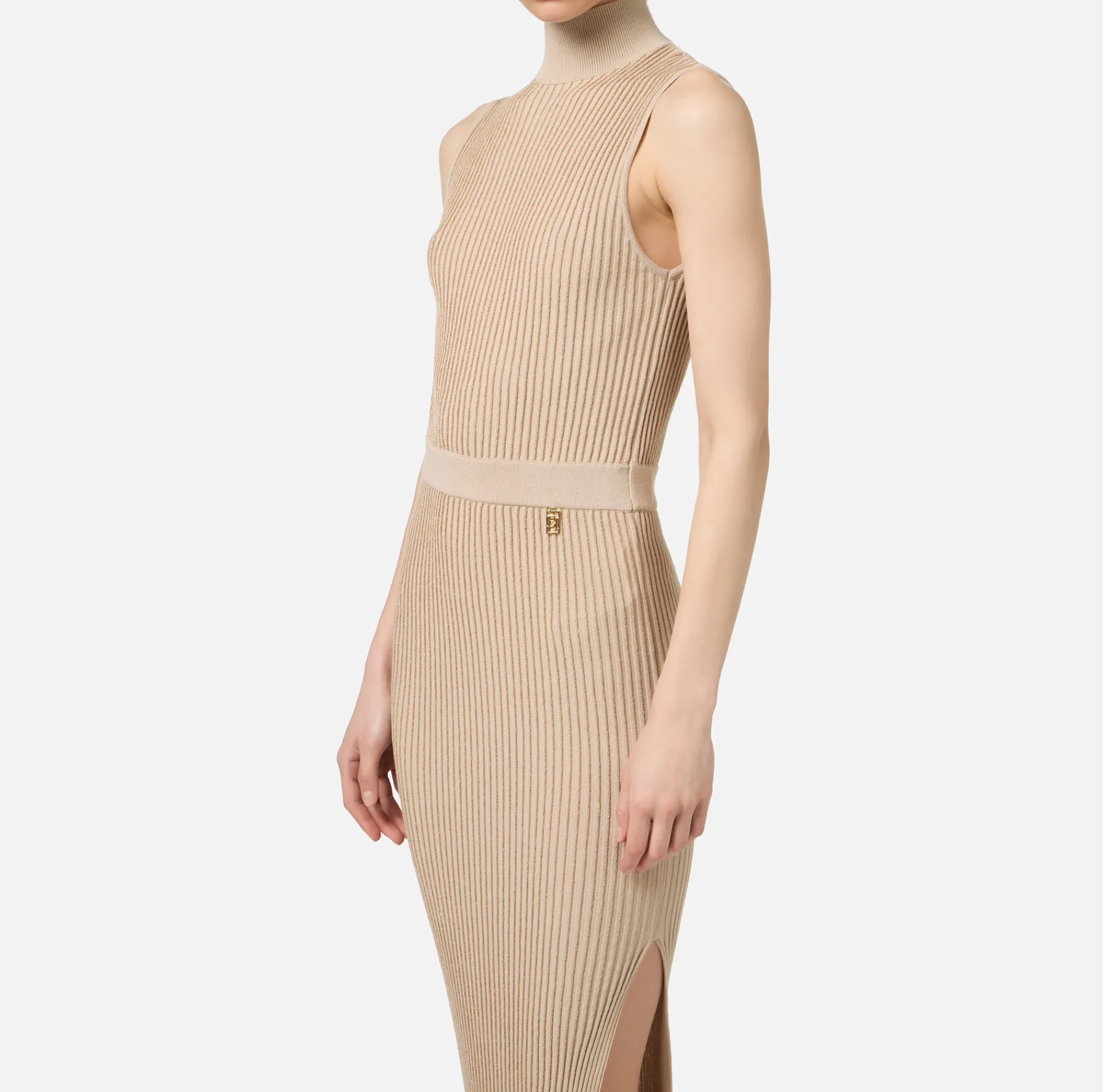 Elisabetta Franchi Knitted Dresses|Dresses|Lurex and viscose narrow-ribbed midi dress Tan