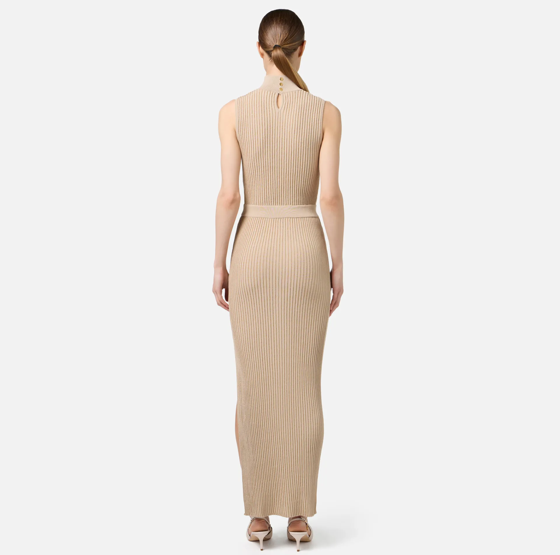 Elisabetta Franchi Knitted Dresses|Dresses|Lurex and viscose narrow-ribbed midi dress Tan