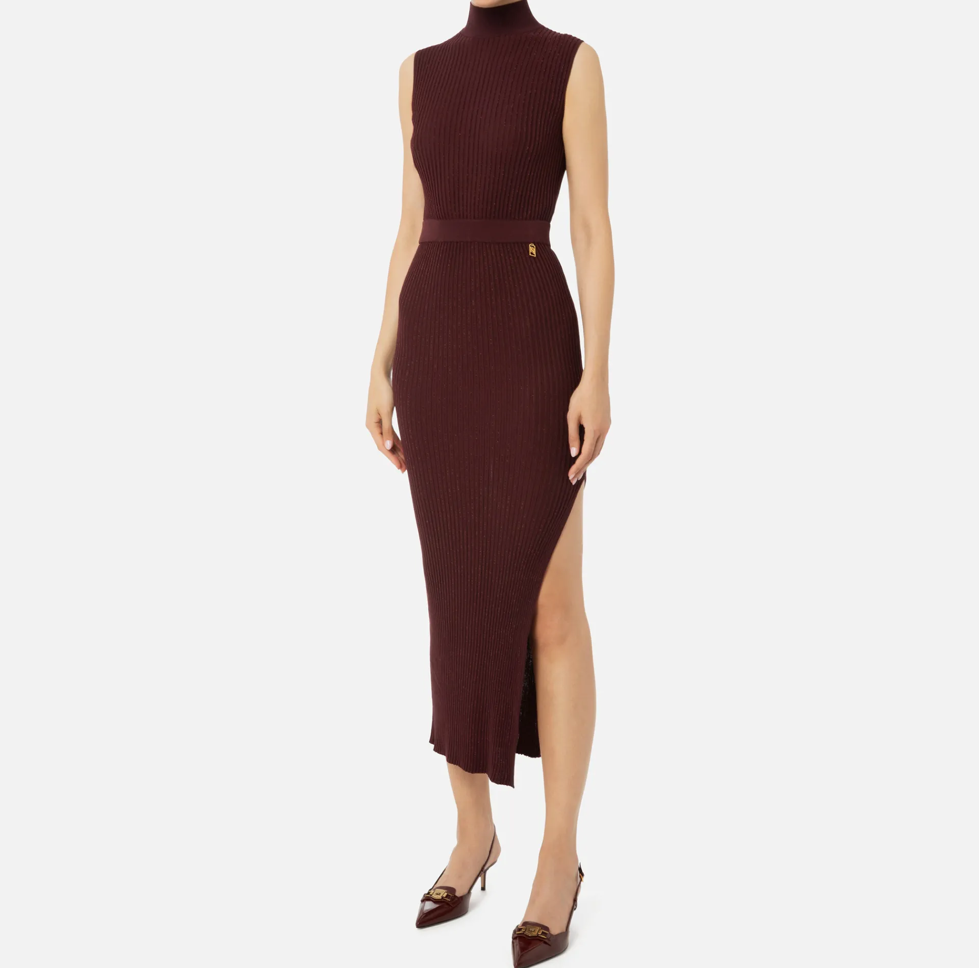 Elisabetta Franchi Knitted Dresses|Dresses|Lurex and viscose narrow-ribbed midi dress RougeNoir