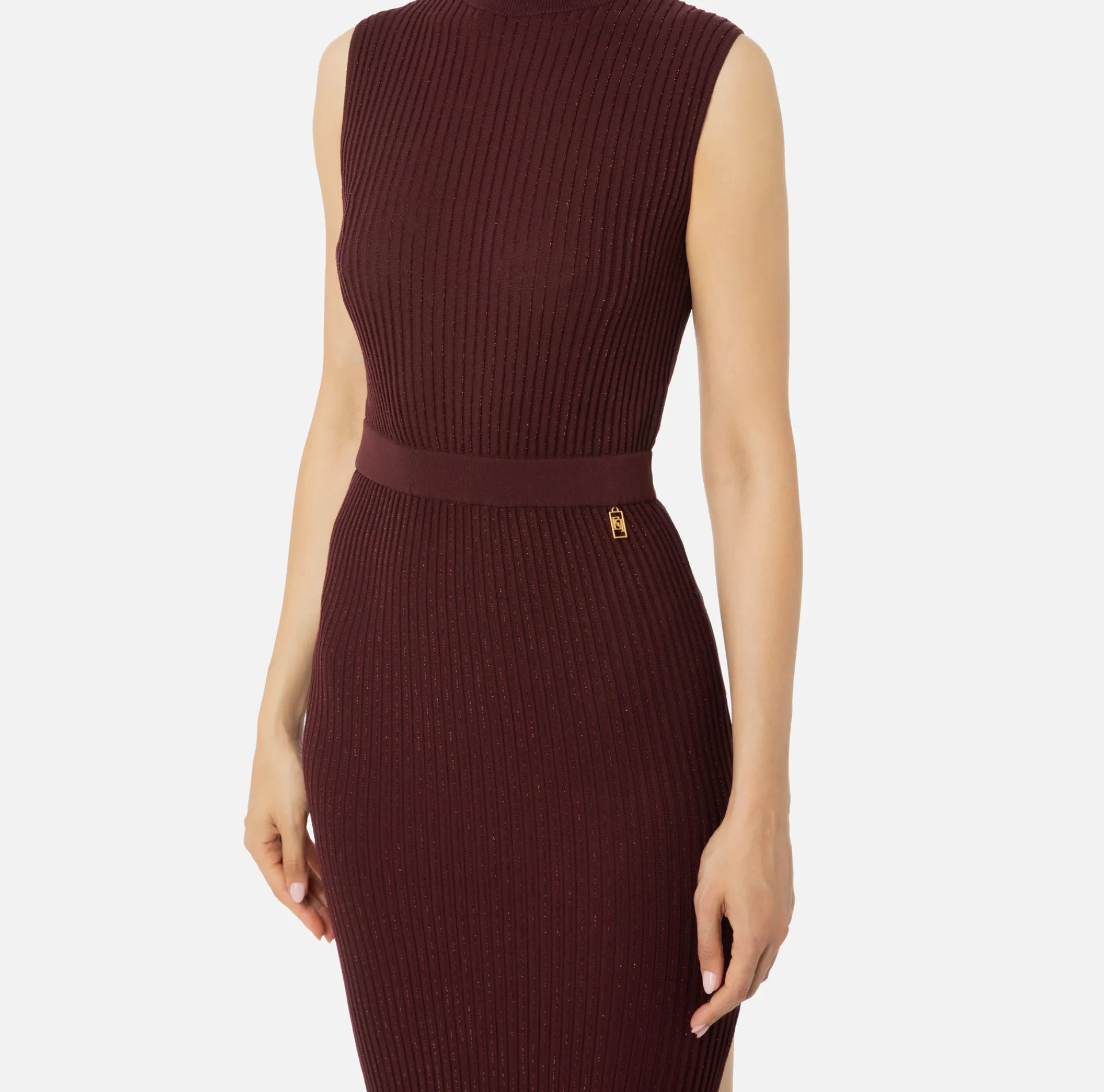 Elisabetta Franchi Knitted Dresses|Dresses|Lurex and viscose narrow-ribbed midi dress RougeNoir