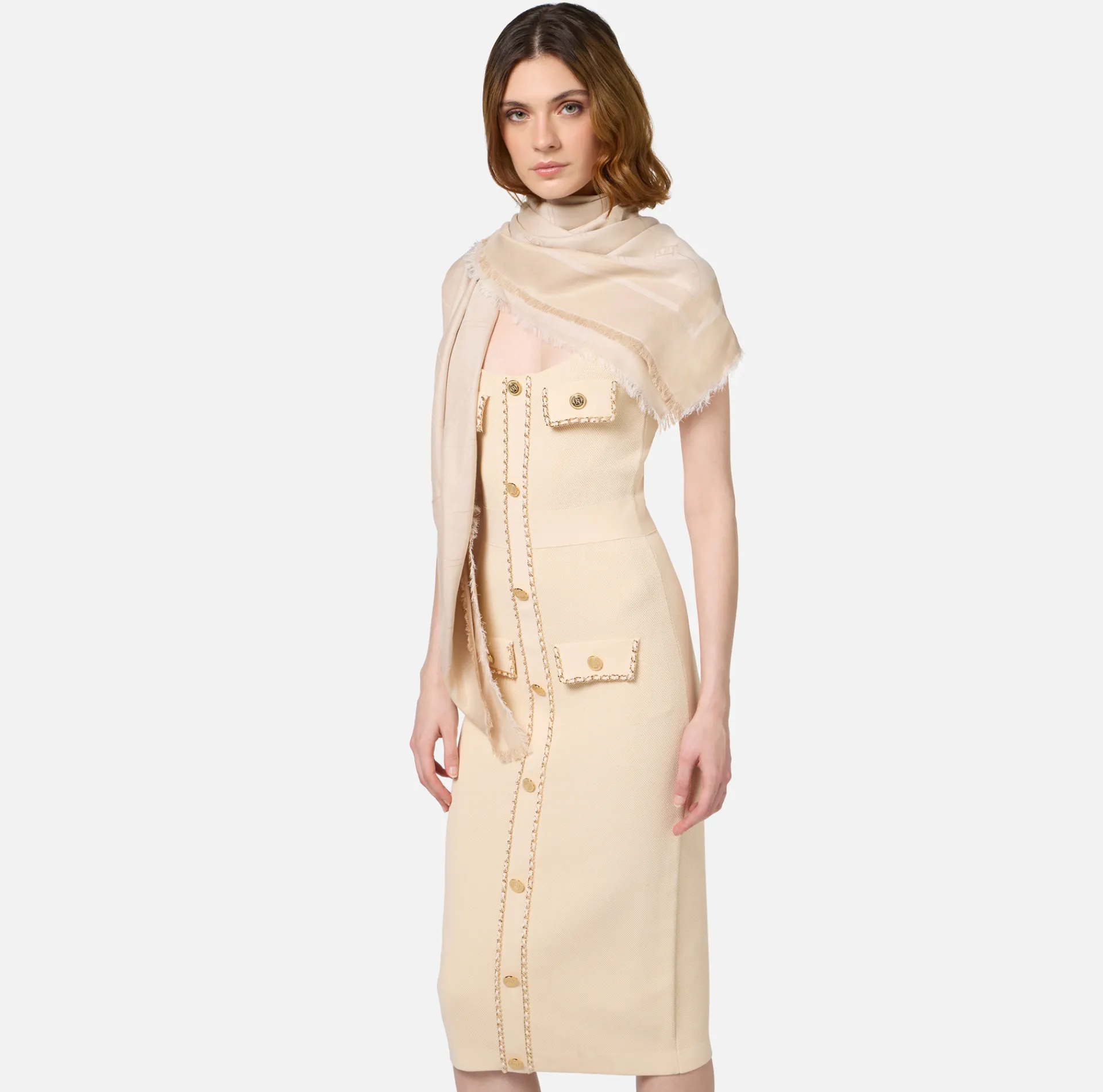 Elisabetta Franchi Scarves|Lurex jacquard pashmina scarf with diagonal stripe pattern and logo Cream