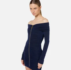 Elisabetta Franchi Mini Dresses|Dresses|Lurex jersey mini-dress with zip Navy