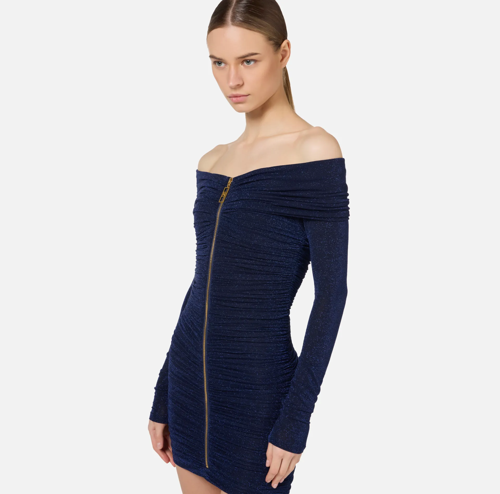 Elisabetta Franchi Mini Dresses|Dresses|Lurex jersey mini-dress with zip Navy