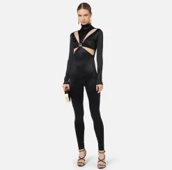 Elisabetta Franchi Jumpsuits|Lycra jumpsuit with cut-out pattern and logo accessory Black
